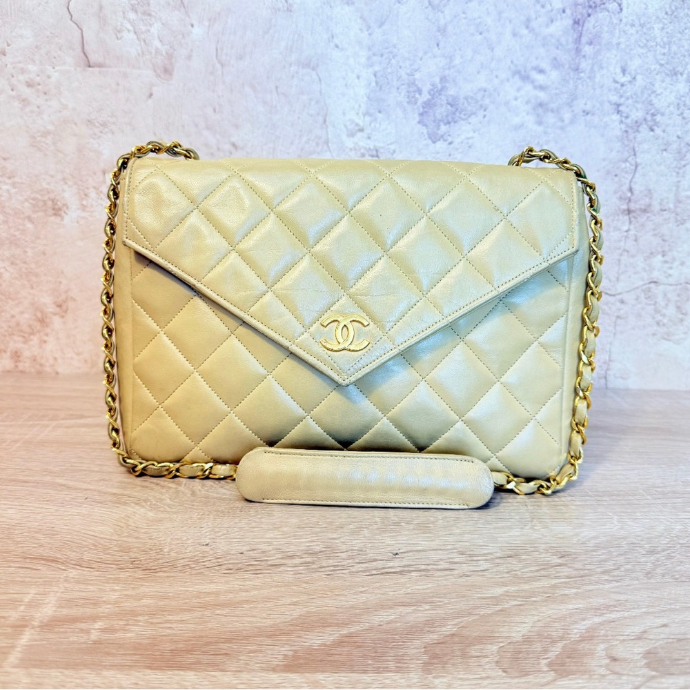 Chanel Beige Quilted Lambskin Envelope Flap Crossbody Bag